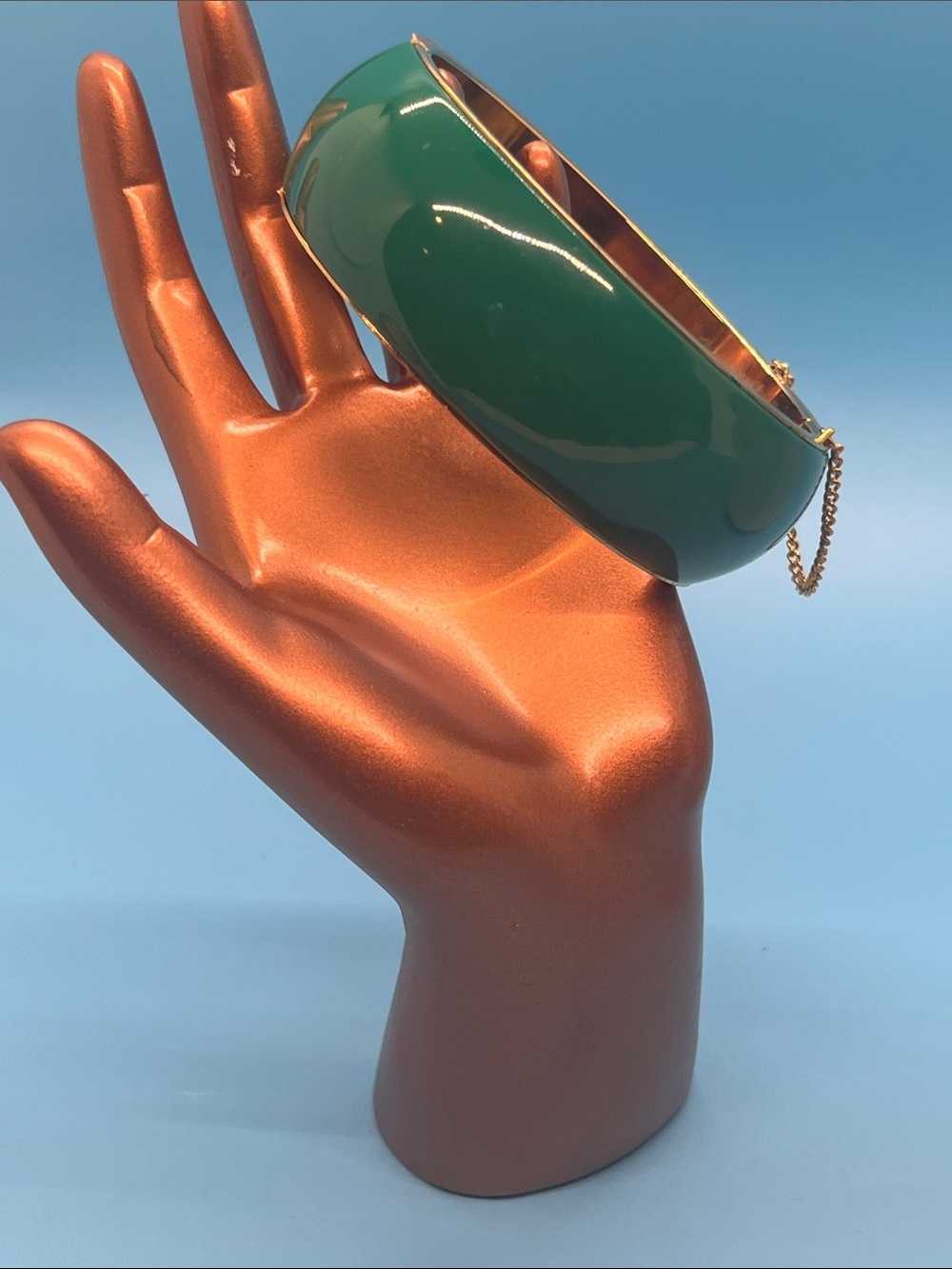 Glossy Green Enamel Hinged Bangle Bracelet with Gold Accents
